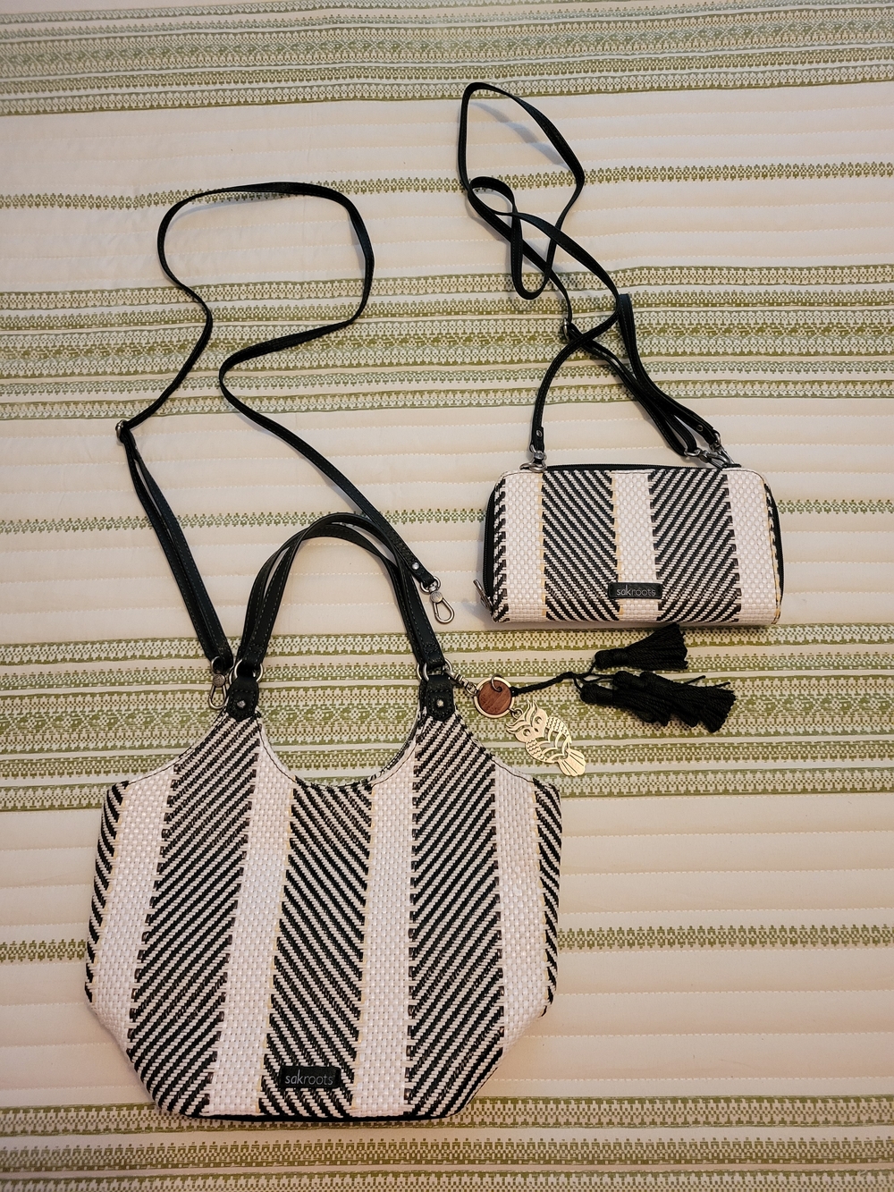 Sakroots Black & White Striped Roma Shopper and Crossbody Wallet Set